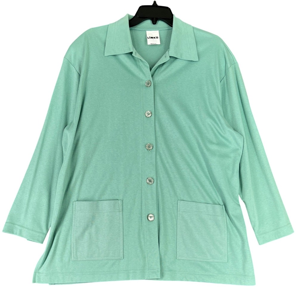 Links Button‎ Up Shirt Jacket Shacket Mint Green Patch Pockets L Womens Made USA